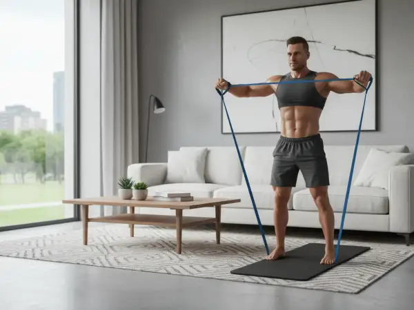Un homme musclé fait un exercice avec élastique dans son salon moderne. Il se tient sur un tapis de yoga, les bras tendus.