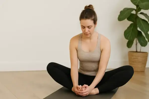 Femme en posture de papillon pour un étirement adducteur profond, les pieds joints et les genoux ouverts.