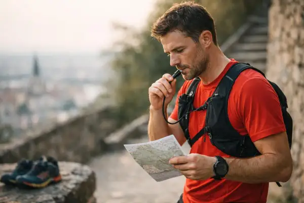 Un coureur consulte sa carte, prêt pour un urban trail à Lyon. Il boit de l'eau en admirant la vue.