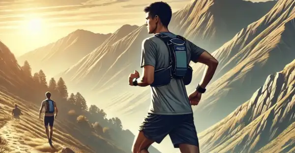 Un homme court en montagne, profitant d'une belle rando course au lever du soleil. Un autre coureur est visible plus loin sur le sentier.