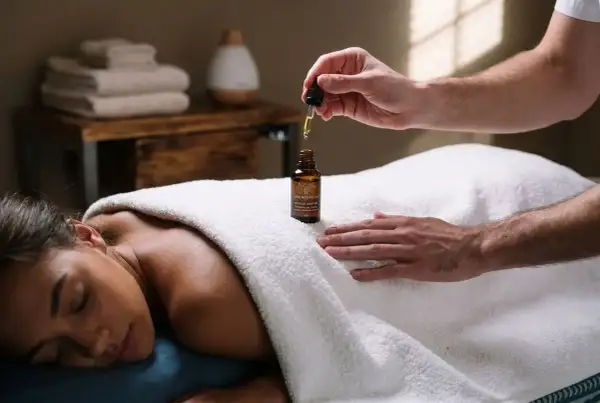 Massage relaxant avec huile pour soulager une crampe. Une main applique des gouttes d'huile sur le dos d'une femme allongée.