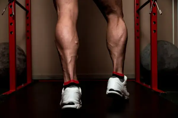 Jambes musclées en plein exercice mollet, avec des chaussures de sport blanches et des chaussettes rouges et noires.