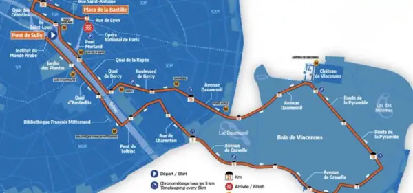 Carte du parcours semi Paris, longeant la Seine, passant par le Bois de Vincennes et le Château de Vincennes. Départ/Arrivée indiqués.