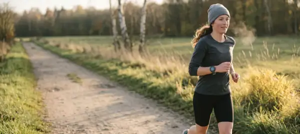 Femme courant dans un paysage rural, se demandant combien de km courir par semaine pour maigrir. La vapeur s'échappe de sa bouche par temps frais.