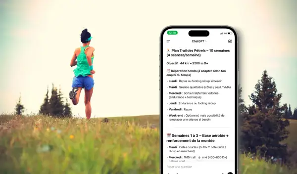 Une coureuse en plein effort, un téléphone affichant un plan d'entraînement trail. Ce plan, conçu pour éviter le syndrome red s, détaille les séances pour optimiser la performance.