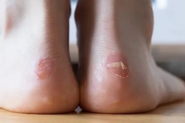 Gros plan sur des talons avec des ampoules, signe qu'il faut éviter les ampoules au talon en choisissant de bonnes chaussures.
