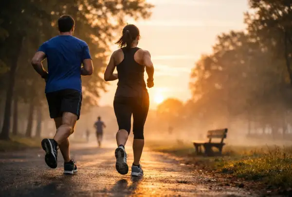 Un couple court chaque jour au lever du soleil dans un parc brumeux, profitant de la nature et de l'exercice.
